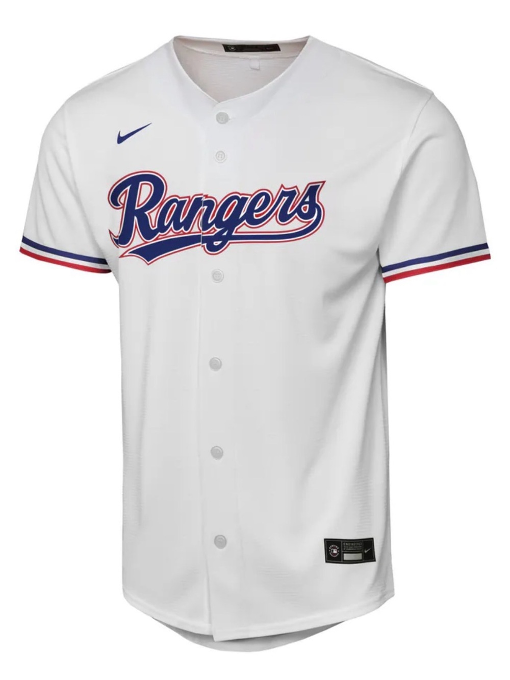 Nike White Rangers Button-Front Baseball Youth Large Jersey with Blue & Red Trim
